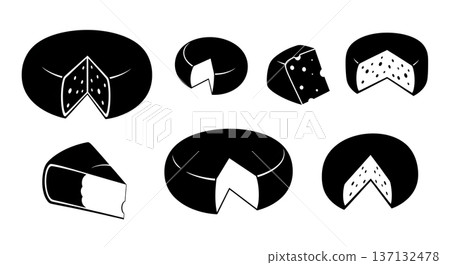 Black Solid Cheese Wheel Silhouettes Set of Six on White Background Black Solid Cheese Wheel Silhouettes Set of Six on White Background 137132478