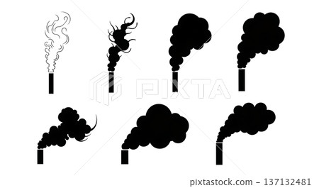 Black Solid Chimney Smoke Silhouettes Set of Six on White Background Black Solid Chimney Smoke Silhouettes Set of Six on White Background 137132481