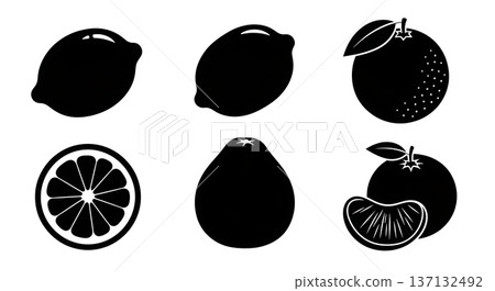 Black Solid Citrus Fruit Silhouettes Set of Six on White Background Black Solid Citrus Fruit Silhouettes Set of Six on White Background 137132492