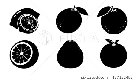 Black Solid Citrus Fruit Silhouettes Set of Six on White Background Black Solid Citrus Fruit Silhouettes Set of Six on White Background 137132493