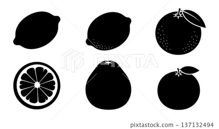 Black Solid Citrus Fruit Silhouettes Set of Six on White Background Black Solid Citrus Fruit Silhouettes Set of Six on White Background 137132494