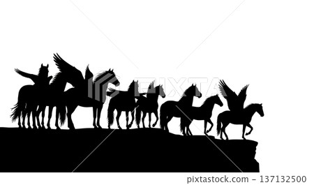 Black Solid Pegasus on Cliff Silhouettes Set of Six on White Background Black Solid Pegasus on Cliff Silhouettes Set of Six on White Background 137132500