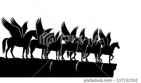 Black Solid Pegasus on Cliff Silhouettes Set of Six on White Background 137132502