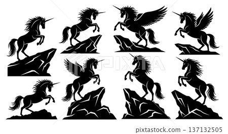 Black Solid Cliff Rearing Unicorn Silhouettes Set of Six on White Background Black Solid Cliff Rearing Unicorn Silhouettes Set of Six on White Background 137132505