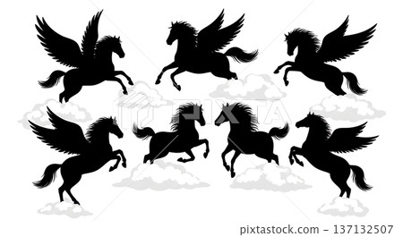 Black Solid Cloud Frolic Pegasus Silhouettes Set of Six on White Background Black Solid Cloud Frolic Pegasus Silhouettes Set of Six on White Background 137132507