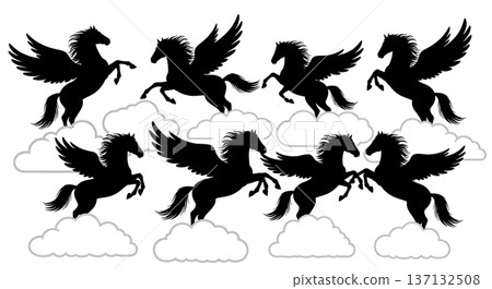 Black Solid Cloud Frolic Pegasus Silhouettes Set of Six on White Background 137132508
