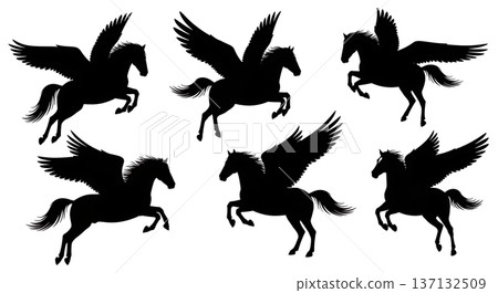 Black Solid Cloud Frolic Pegasus Silhouettes Set of Six on White Background 137132509
