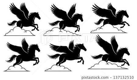 Black Solid Cloud Galloping Pegasus Silhouettes Set of Six on White Background Black Solid Cloud Galloping Pegasus Silhouettes Set of Six on White Background 137132510