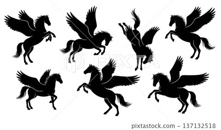 Black Solid Cloud Leaping Pegasus Silhouettes Set of Six on White Background Black Solid Cloud Leaping Pegasus Silhouettes Set of Six on White Background 137132518
