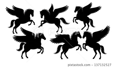 Black Solid Cloud Play Pegasus Silhouettes Set of Six on White Background 137132527