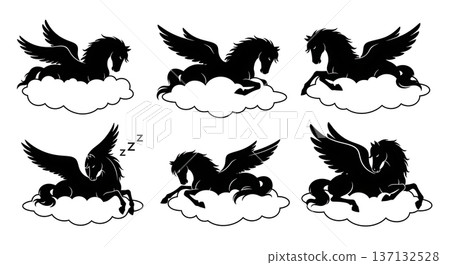 Black Solid Cloud Resting Pegasus Silhouettes Set of Six on White Background Black Solid Cloud Resting Pegasus Silhouettes Set of Six on White Background 137132528