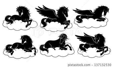 Black Solid Cloud Resting Pegasus Silhouettes Set of Six on White Background Black Solid Cloud Resting Pegasus Silhouettes Set of Six on White Background 137132530