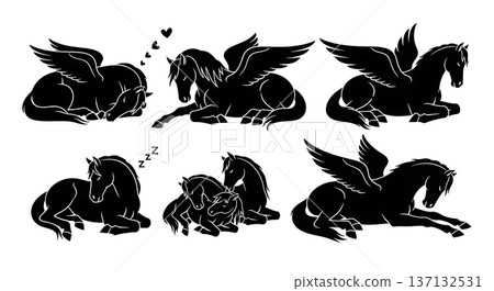 Black Solid Cloud Resting Pegasus Silhouettes Set of Six on White Background 137132531