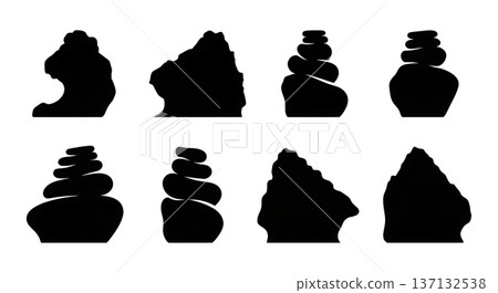 Black Solid Coastal Sea Stack Silhouettes Set of Six on White Background 137132538
