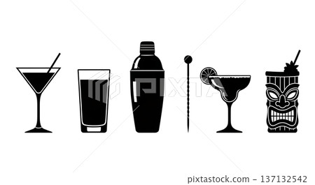 Black Solid Cocktail Bar Silhouettes Set of Six on White Background 137132542