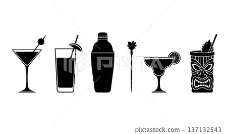 Black Solid Cocktail Bar Silhouettes Set of Six on White Background 137132543