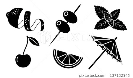 Black Solid Cocktail Garnish Silhouettes Set of Six on White Background Black Solid Cocktail Garnish Silhouettes Set of Six on White Background 137132545