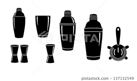 Black Solid Cocktail Shaker Silhouettes Set of Six on White Background 137132549