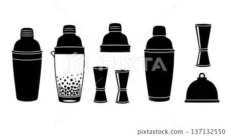 Black Solid Cocktail Shaker Silhouettes Set of Six on White Background 137132550