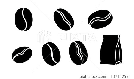 Black Solid Coffee Bean Silhouettes Set of Six on White Background Black Solid Coffee Bean Silhouettes Set of Six on White Background 137132551
