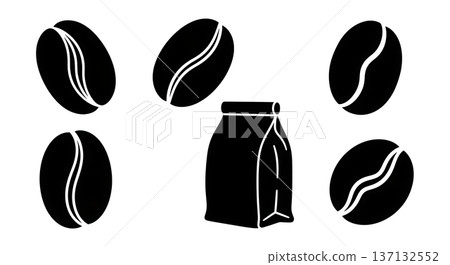 Black Solid Coffee Bean Silhouettes Set of Six on White Background Black Solid Coffee Bean Silhouettes Set of Six on White Background 137132552