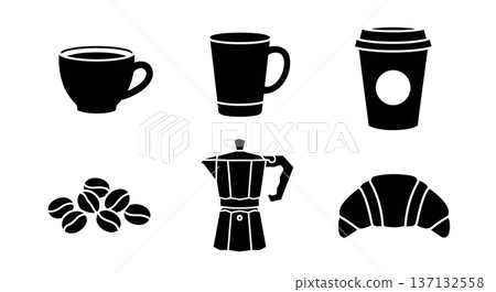 Black Solid Coffee Shop Silhouettes Set of Six on White Background 137132558