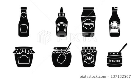Black Solid Condiment Silhouettes Set of Six on White Background Black Solid Condiment Silhouettes Set of Six on White Background 137132567