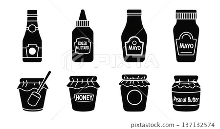 Black Solid Condiment Silhouettes Set of Six on White Background Black Solid Condiment Silhouettes Set of Six on White Background 137132574
