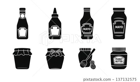 Black Solid Condiment Silhouettes Set of Six on White Background Black Solid Condiment Silhouettes Set of Six on White Background 137132575