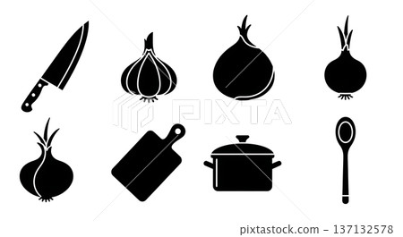 Black Solid Cooking Prep Silhouettes Set of Six on White Background 137132578