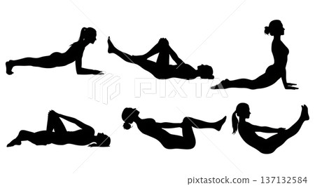 Black Solid Core Strength Power Yoga Silhouettes Set of Six on White Background 137132584