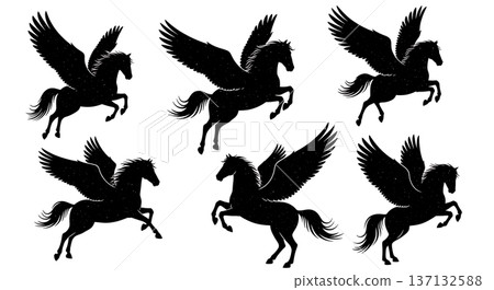 Black Solid Cosmic Flight Pegasus Silhouettes Set of Six on White Background Black Solid Cosmic Flight Pegasus Silhouettes Set of Six on White Background 137132588