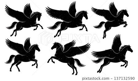 Black Solid Cosmic Flight Pegasus Silhouettes Set of Six on White Background Black Solid Cosmic Flight Pegasus Silhouettes Set of Six on White Background 137132590