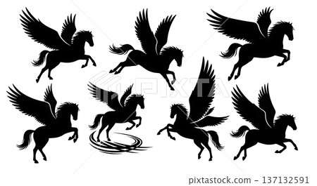 Black Solid Cosmic Flight Pegasus Silhouettes Set of Six on White Background Black Solid Cosmic Flight Pegasus Silhouettes Set of Six on White Background 137132591