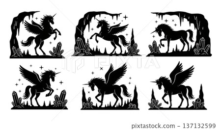 Black Solid Crystal Cave Unicorn Silhouettes Set of Six on White Background 137132599