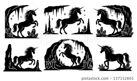 Black Solid Crystal Cave Unicorn Silhouettes Set of Six on White Background 137132601