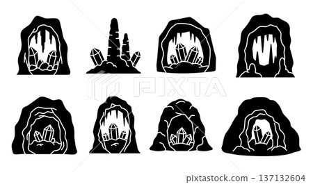 Black Solid Crystal Grotto Cave Silhouettes Set of Six on White Background Black Solid Crystal Grotto Cave Silhouettes Set of Six on White Background 137132604