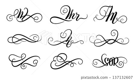 Black Solid Cursive Flourish Silhouettes Set of Six on White Background Black Solid Cursive Flourish Silhouettes Set of Six on White Background 137132607