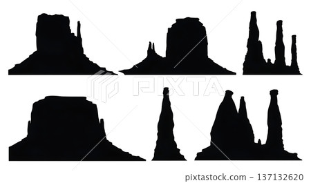 Black Solid Desert Butte and Chimney Silhouettes Set of Six on White Background 137132620