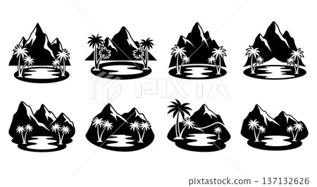 Black Solid Desert Oasis Mountain Pool Silhouettes Set of Six on White Background 137132626