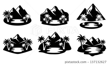 Black Solid Desert Oasis Mountain Pool Silhouettes Set of Six on White Background Black Solid Desert Oasis Mountain Pool Silhouettes Set of Six on White Background 137132627