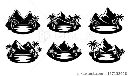 Black Solid Desert Oasis Mountain Pool Silhouettes Set of Six on White Background 137132628