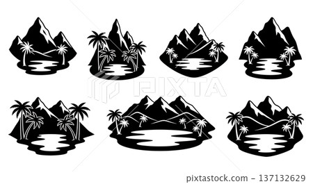Black Solid Desert Oasis Mountain Pool Silhouettes Set of Six on White Background Black Solid Desert Oasis Mountain Pool Silhouettes Set of Six on White Background 137132629