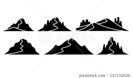 Black Solid Desert Sand Dune Silhouettes Set of Six on White Background 137132630