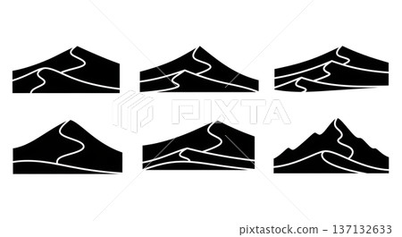 Black Solid Desert Sand Dune Silhouettes Set of Six on White Background 137132633