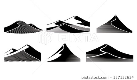Black Solid Desert Sand Ripple Silhouettes Set of Six on White Background 137132634