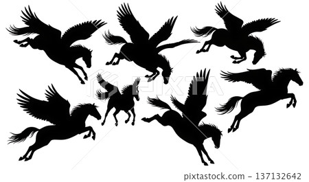 Black Solid Diving Pegasus Silhouettes Set of Six on White Background 137132642