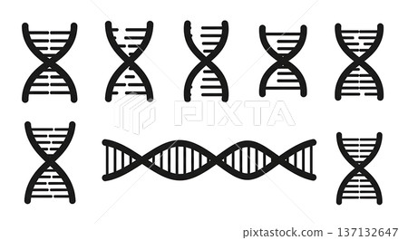 Black Solid DNA Genetic Helix Silhouettes Set of Six on White Background 137132647