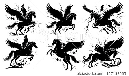 Black Solid Electrical Storm Pegasus Silhouettes Set of Six on White Background Black Solid Electrical Storm Pegasus Silhouettes Set of Six on White Background 137132665