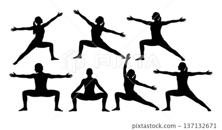 Black Solid Energy Awakening Flow Yoga Silhouettes Set of Six on White Background 137132671